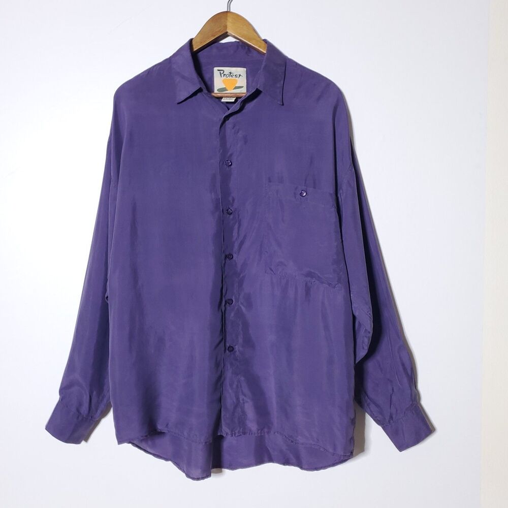 Vintage 80's Protest Men Purple 100% Silk Long Sleeve Button Up Shirt Size L